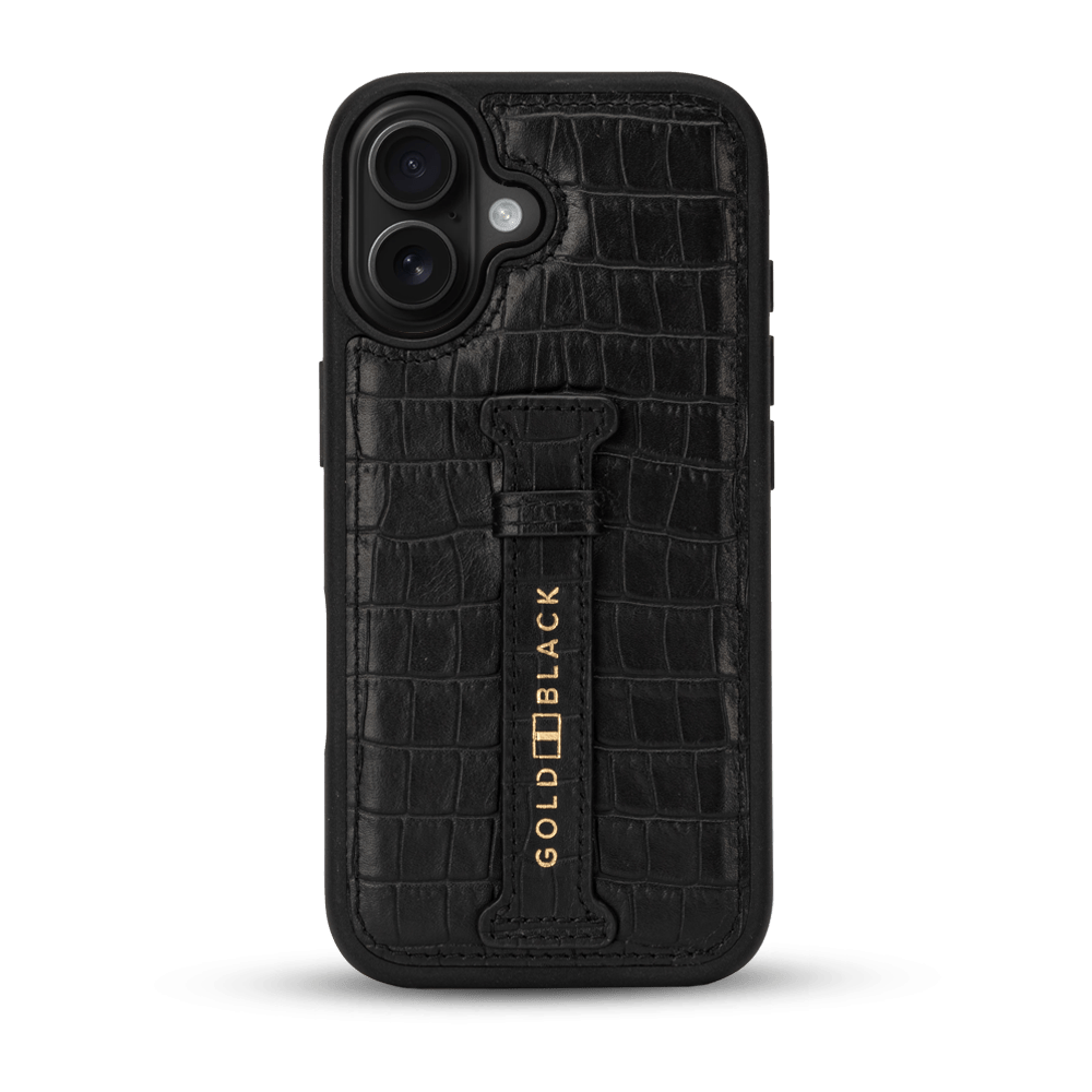 iPhone 17 Lederhülle CrocPrestige - mit Fingerschlaufe - GOLDBLACKpremium