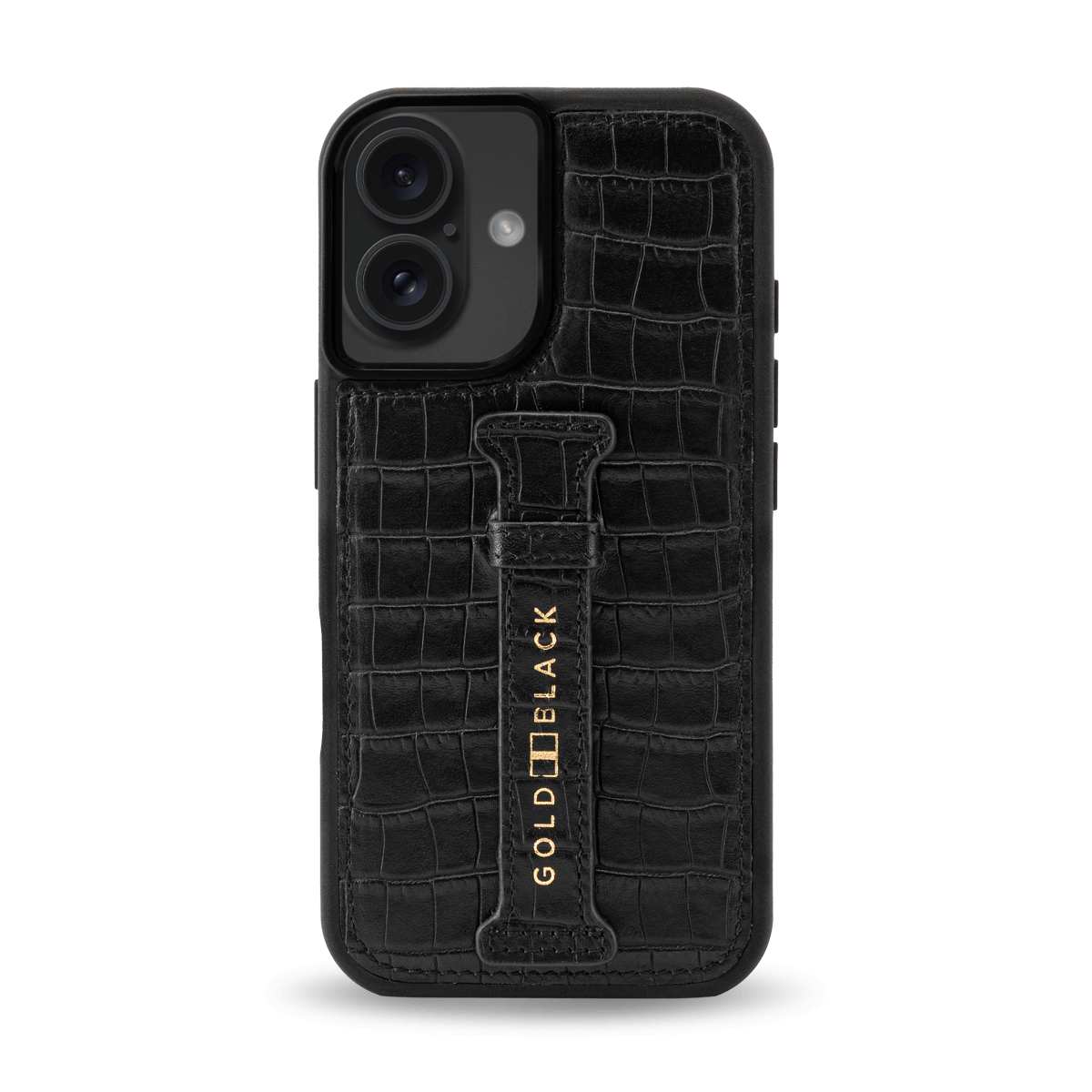 iPhone 16 Lederhülle CrocPrestige schwarz mit Fingerschlaufe - GOLDBLACKpremium