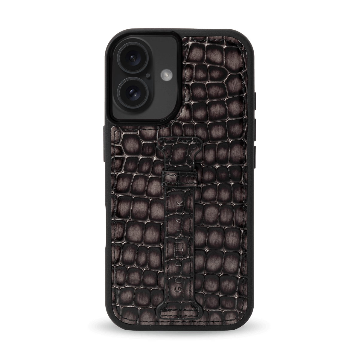 iPhone 16 Lederhülle Milano - Design grau mit Fingerschlaufe - GOLDBLACKpremium