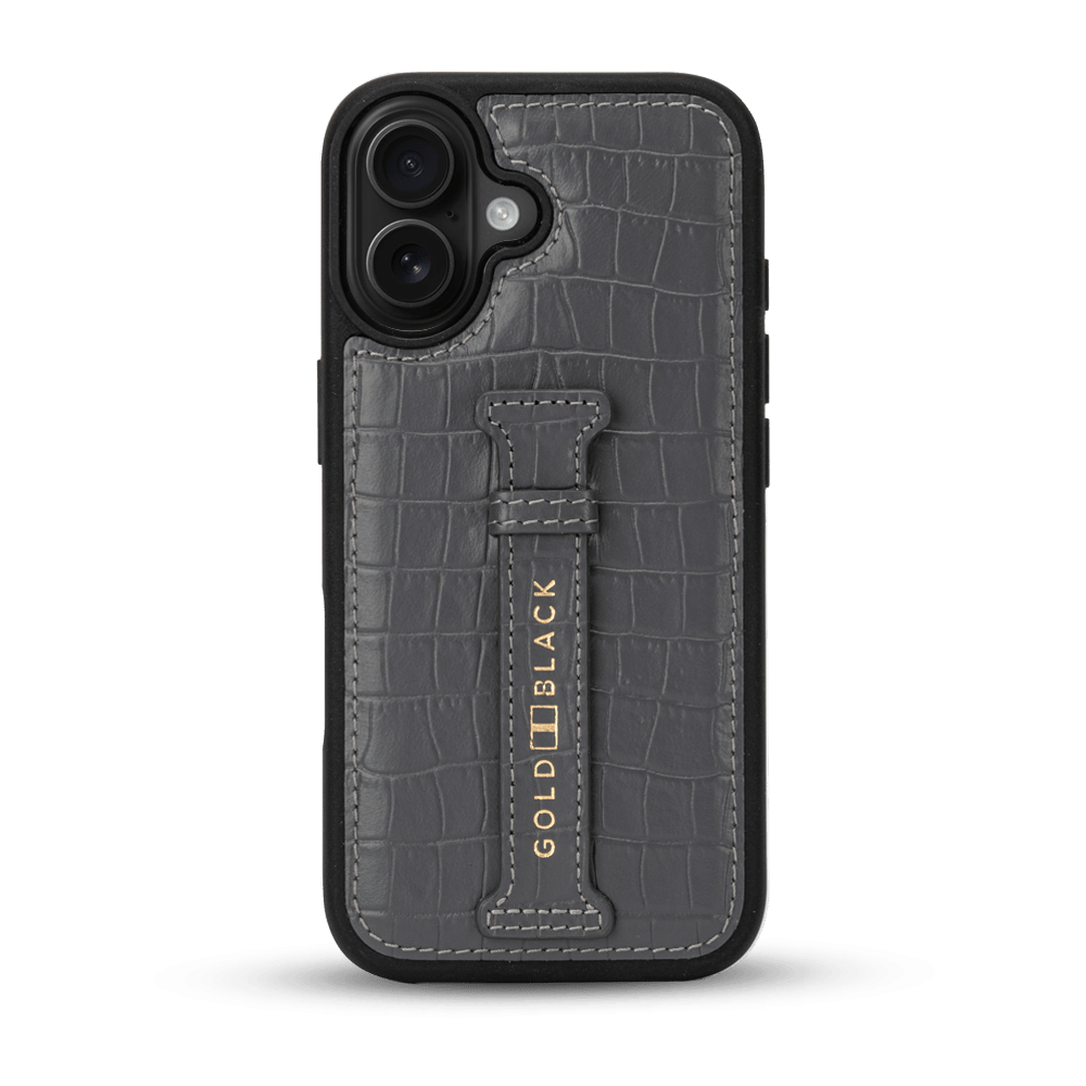 iPhone 17 Lederhülle CrocPrestige - mit Fingerschlaufe - GOLDBLACKpremium