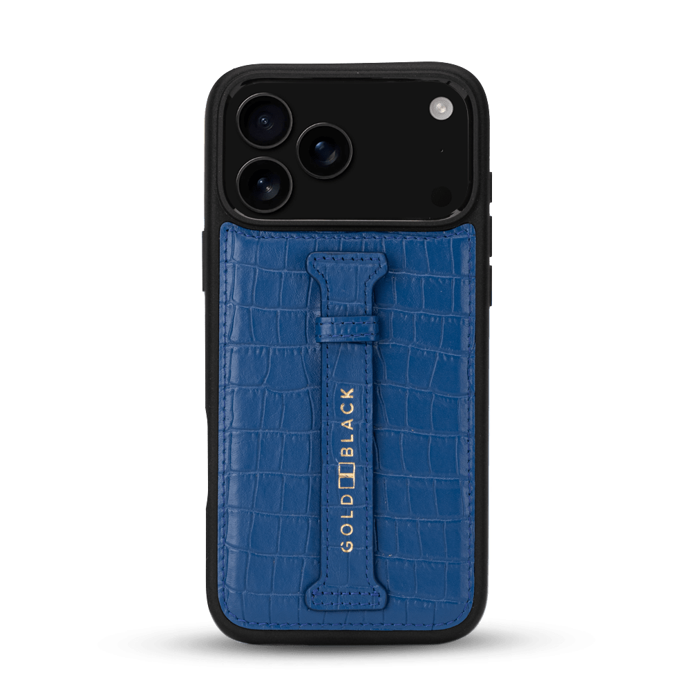 iPhone 17 Pro Max Lederhülle CrocPrestige - mit Fingerschlaufe - GOLDBLACKpremium