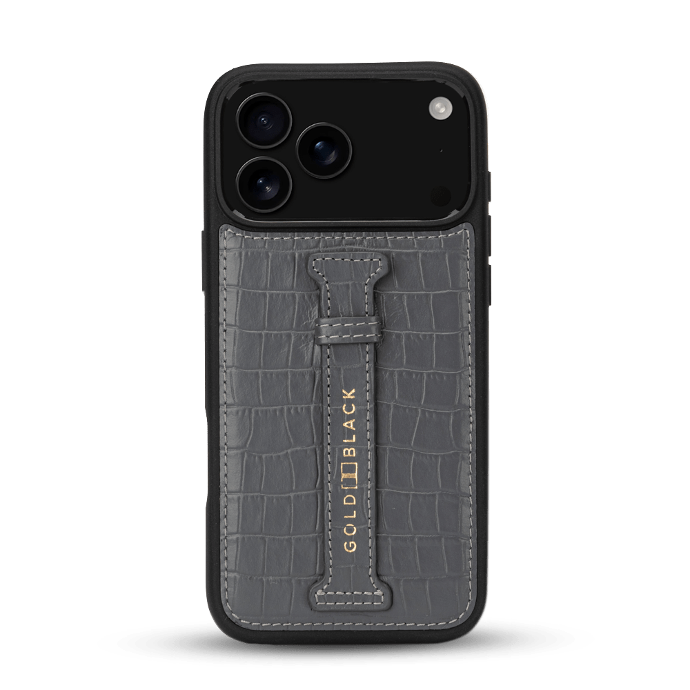 iPhone 17 Pro Max Lederhülle CrocPrestige - mit Fingerschlaufe - GOLDBLACKpremium