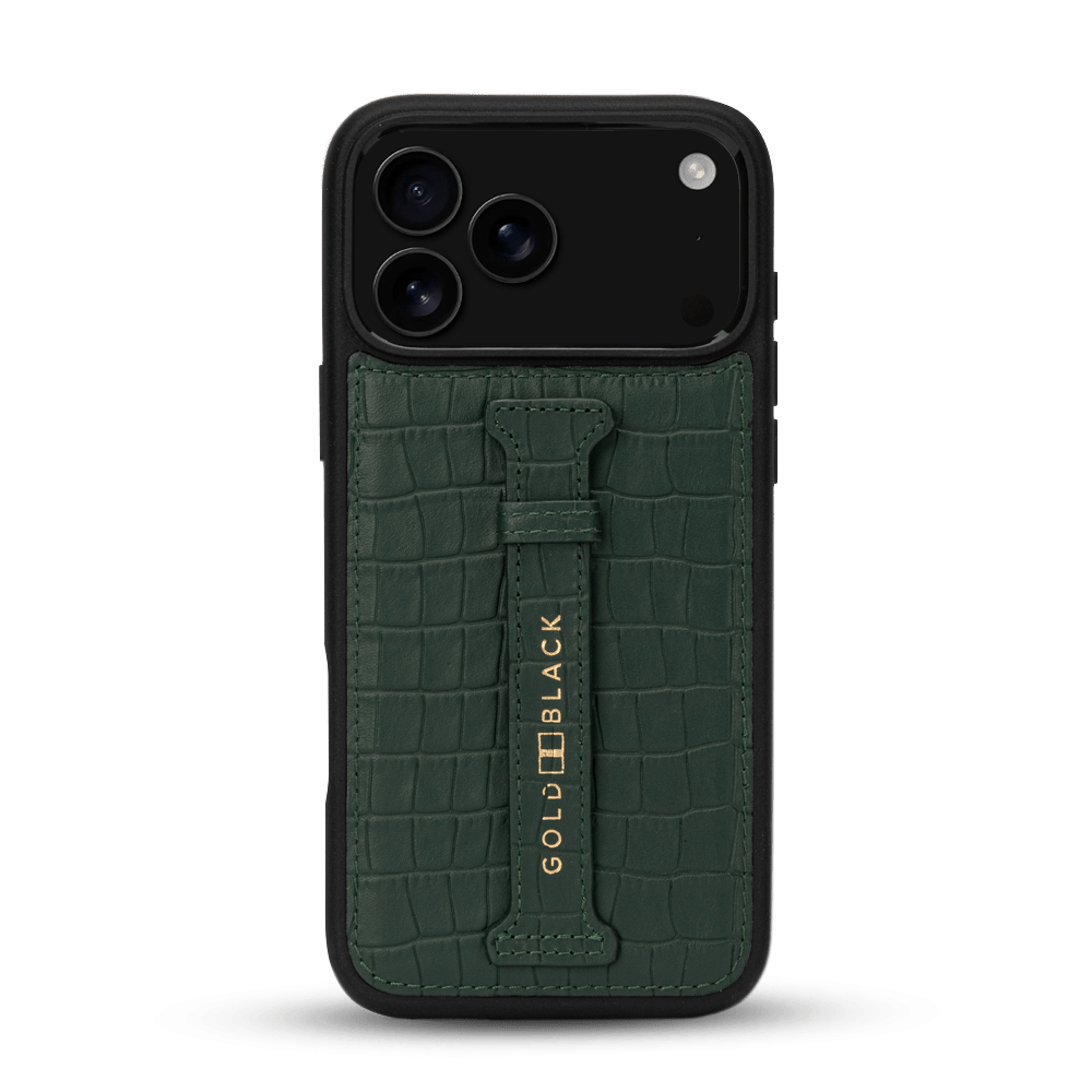 iPhone 17 Pro Max Lederhülle CrocPrestige - mit Fingerschlaufe - GOLDBLACKpremium