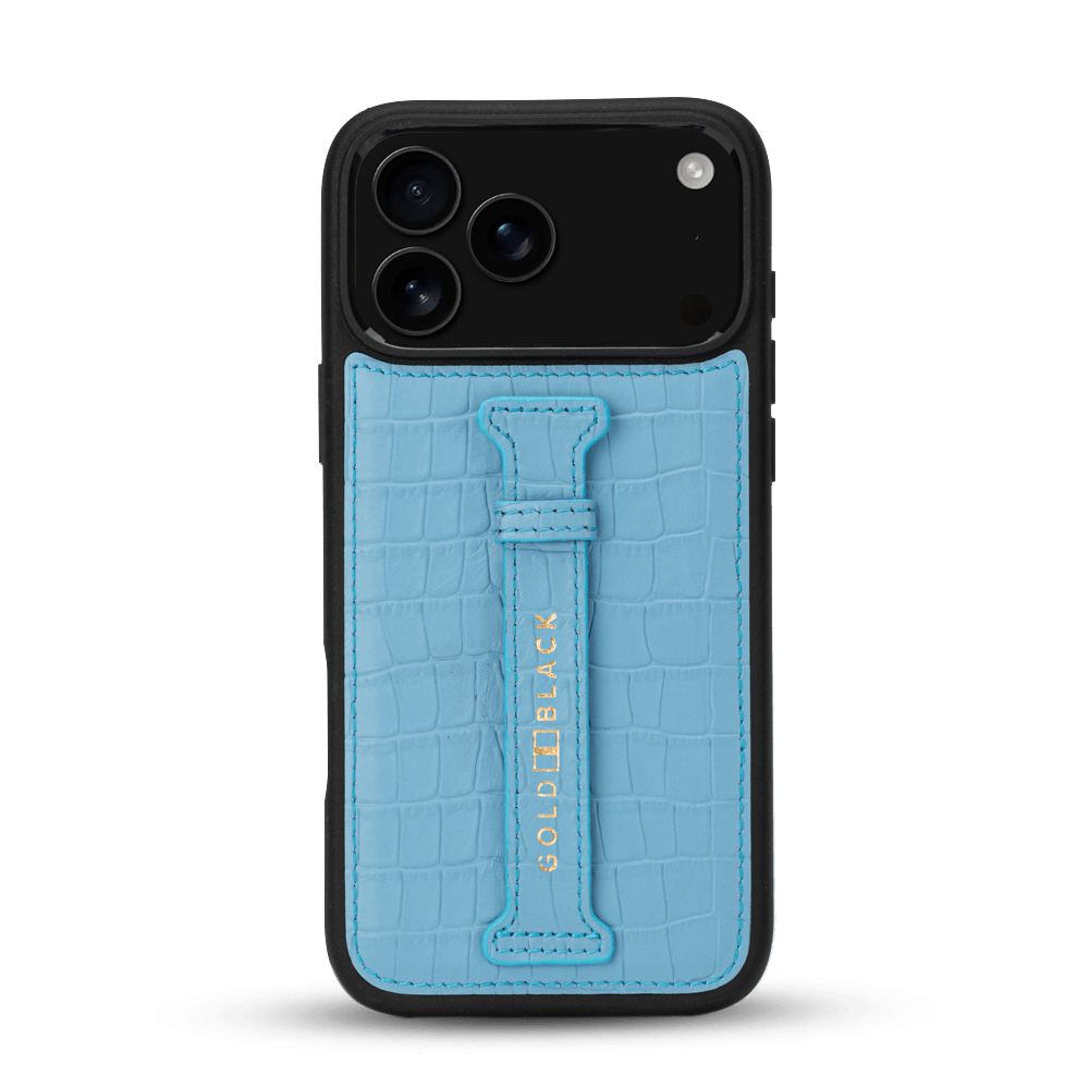 iPhone 17 Pro Max Lederhülle CrocPrestige - mit Fingerschlaufe - GOLDBLACKpremium