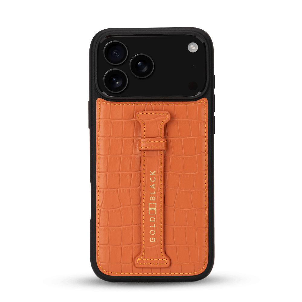 iPhone 17 Pro Max Lederhülle CrocPrestige - mit Fingerschlaufe - GOLDBLACKpremium