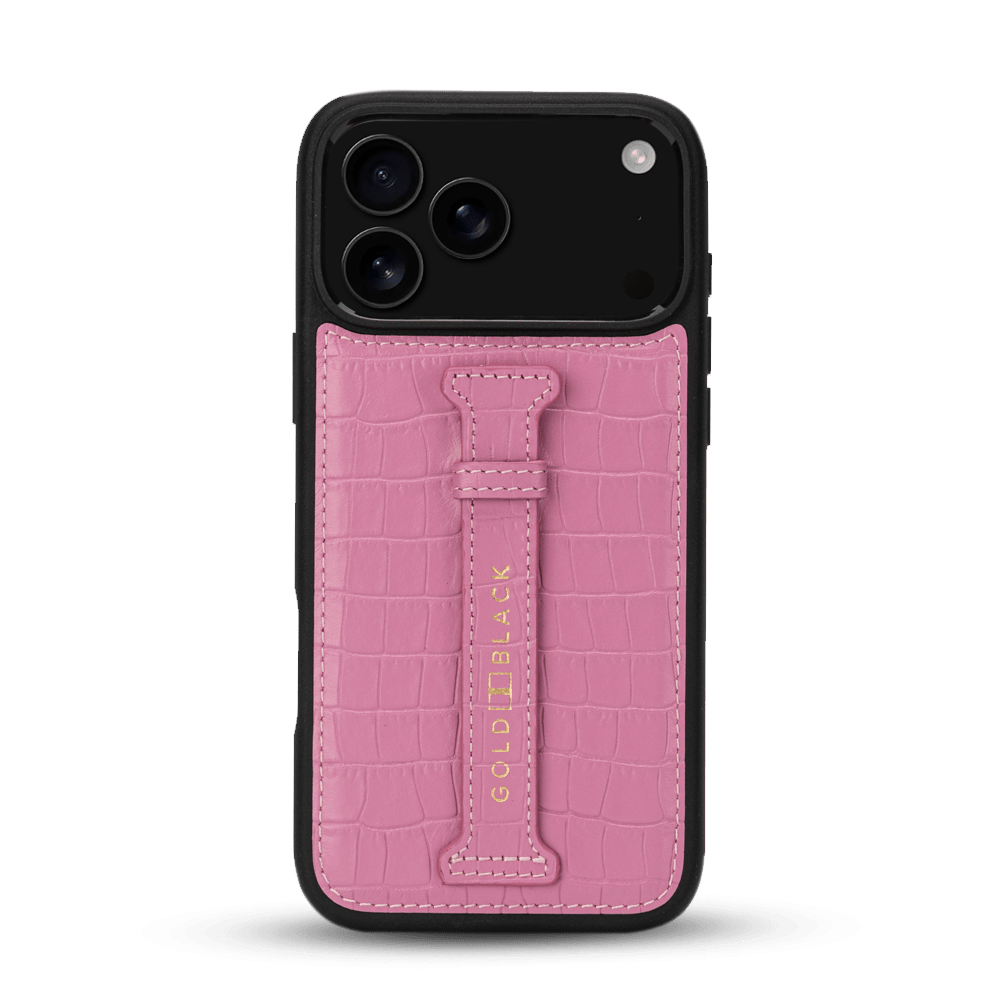 iPhone 17 Pro Max Lederhülle CrocPrestige - mit Fingerschlaufe - GOLDBLACKpremium