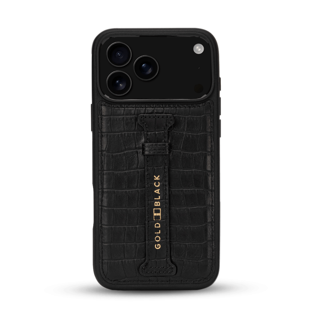 iPhone 17 Pro Max Lederhülle CrocPrestige - mit Fingerschlaufe - GOLDBLACKpremium