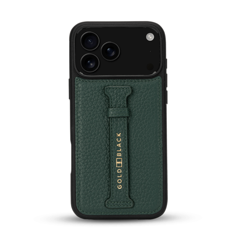 iPhone 17 Pro Max Lederhülle Nappa - mit Fingerschlaufe - GOLDBLACKpremium