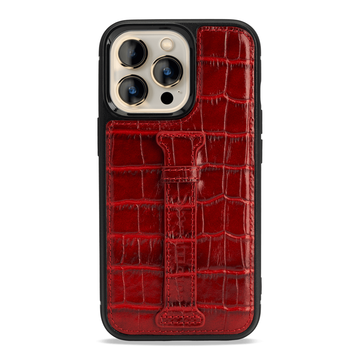iPhone 13 Pro Leder Case mit Fingerschlaufe Kroko-Prägung rot