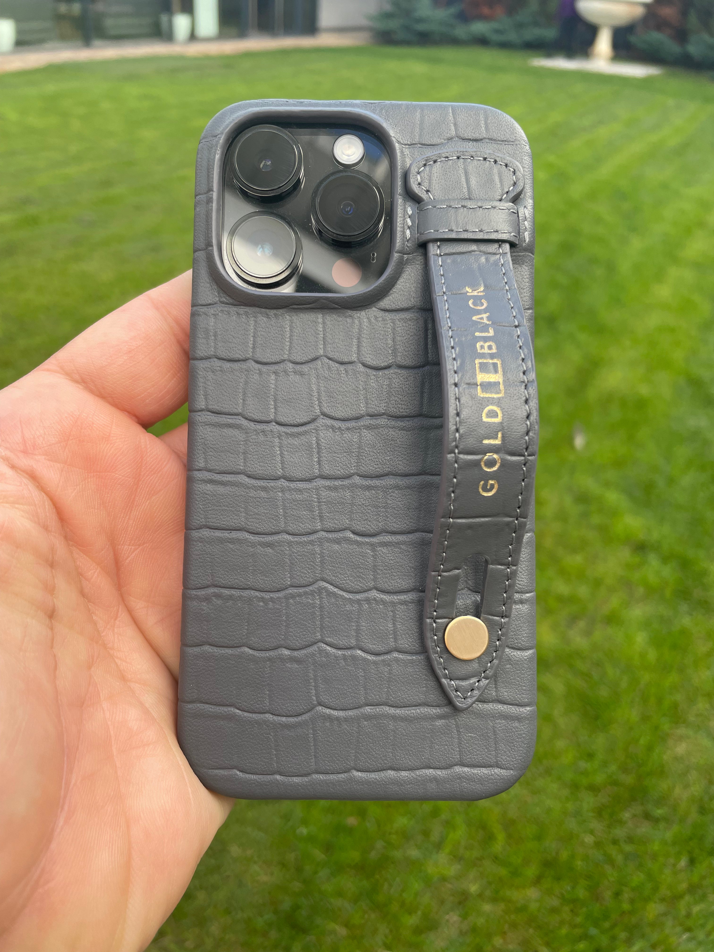 iPhone 14 Pro Slim Lederhülle Kroko-Prägung Grau mit Fingerschlaufe