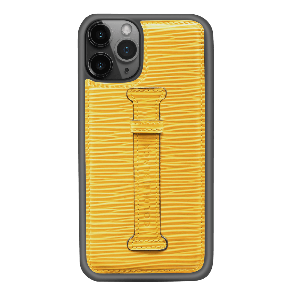 iPHONE 11 PRO LEDERHÜLLE MIT FINGERSCHLAUFE UNICO-Prägung GELB - GOLDBLACKpremium