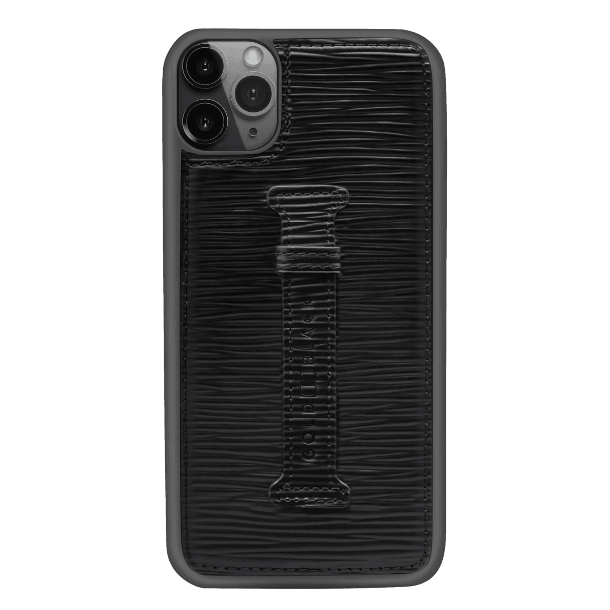 iPhone 11 Pro Max Lederhülle mit Fingerschlaufe UNICO-Prägung Schwarz - GOLDBLACKpremium