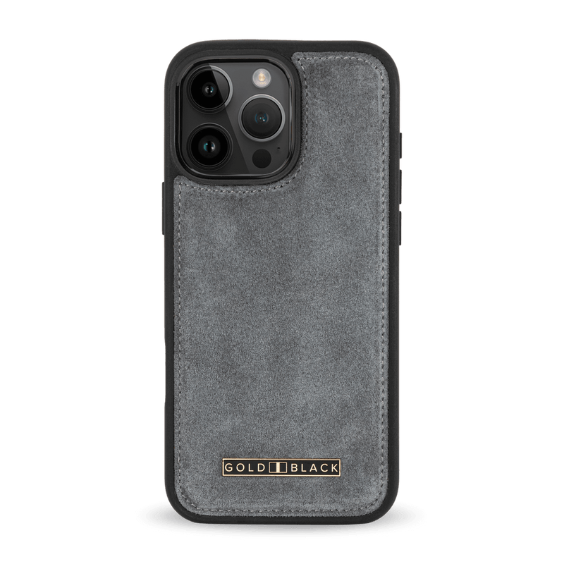 iPhone 16 Pro Max Lederhülle Luxe Suede Grau - GOLDBLACKpremium