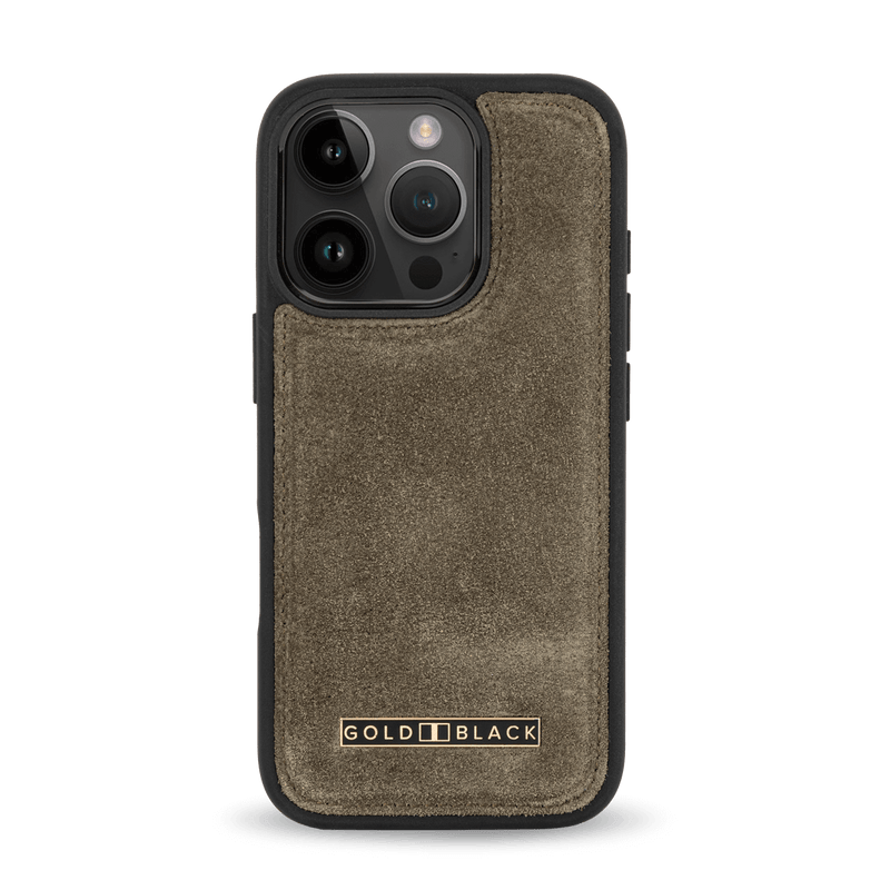 iPhone 16 Pro Lederhülle Luxe Suede Khaki Grün - GOLDBLACKpremium