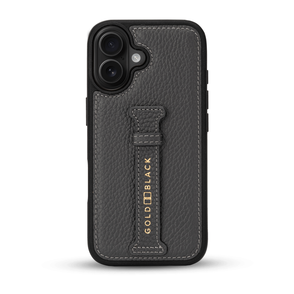 iPhone 17 Lederhülle Nappa - mit Fingerschlaufe - GOLDBLACKpremium