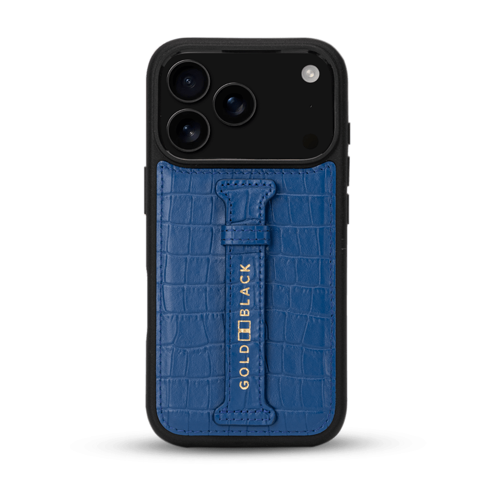 iPhone 17 Pro Lederhülle CrocPrestige - mit Fingerschlaufe - GOLDBLACKpremium