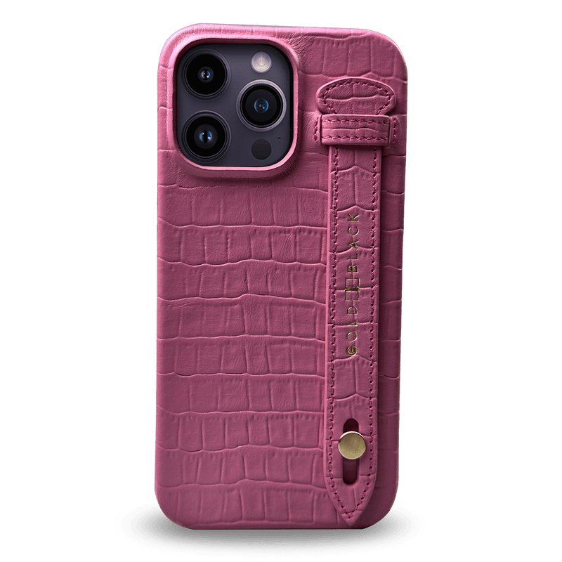 iPhone 14 Pro Max Slim Lederhülle Kroko-Prägung pink mit Fingerschlaufe - GOLDBLACKpremium