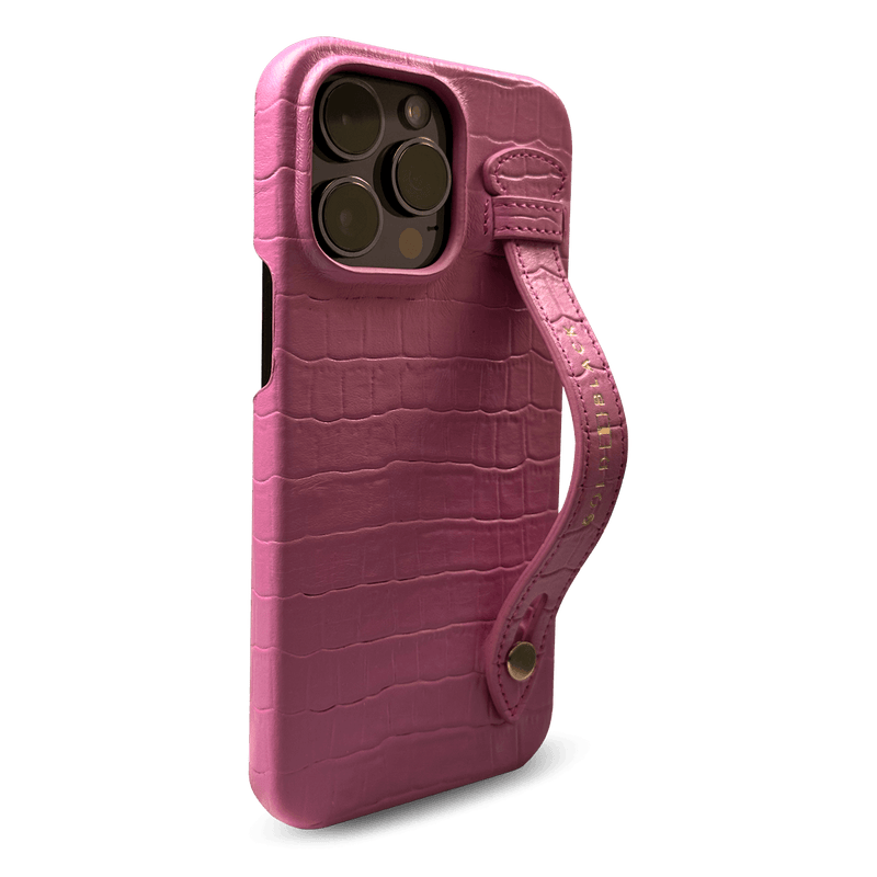 iPhone 14 Pro Max Slim Lederhülle Kroko-Prägung pink mit Fingerschlaufe - GOLDBLACKpremium