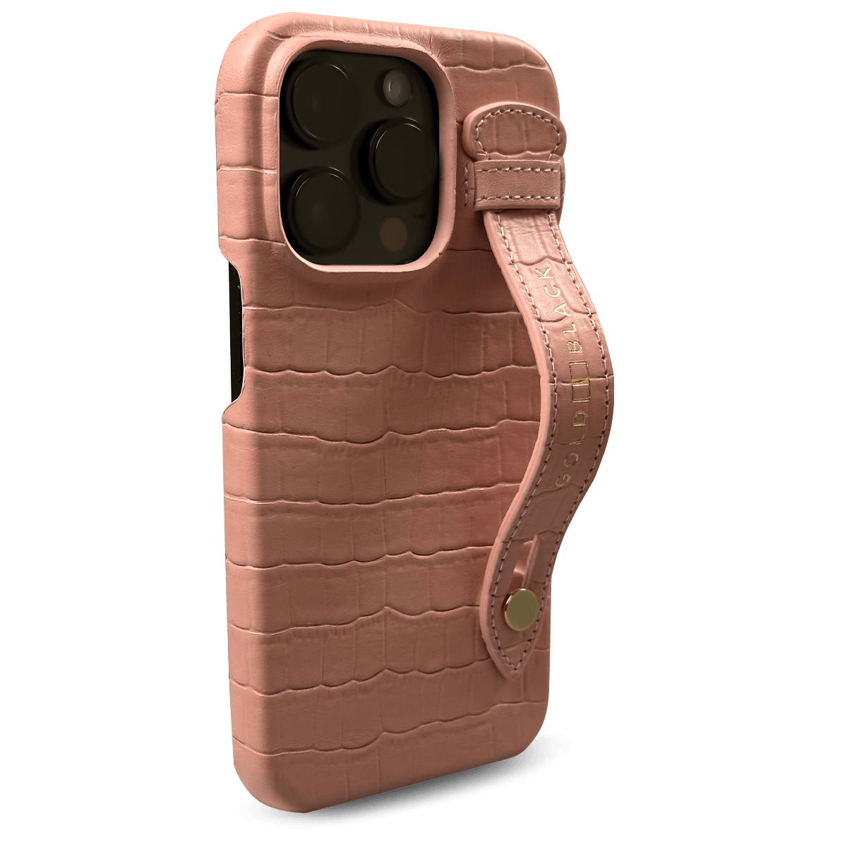 iPhone 14 Pro Max Slim Lederhülle Kroko-Prägung lachsrosa mit Fingerschlaufe - GOLDBLACKpremium