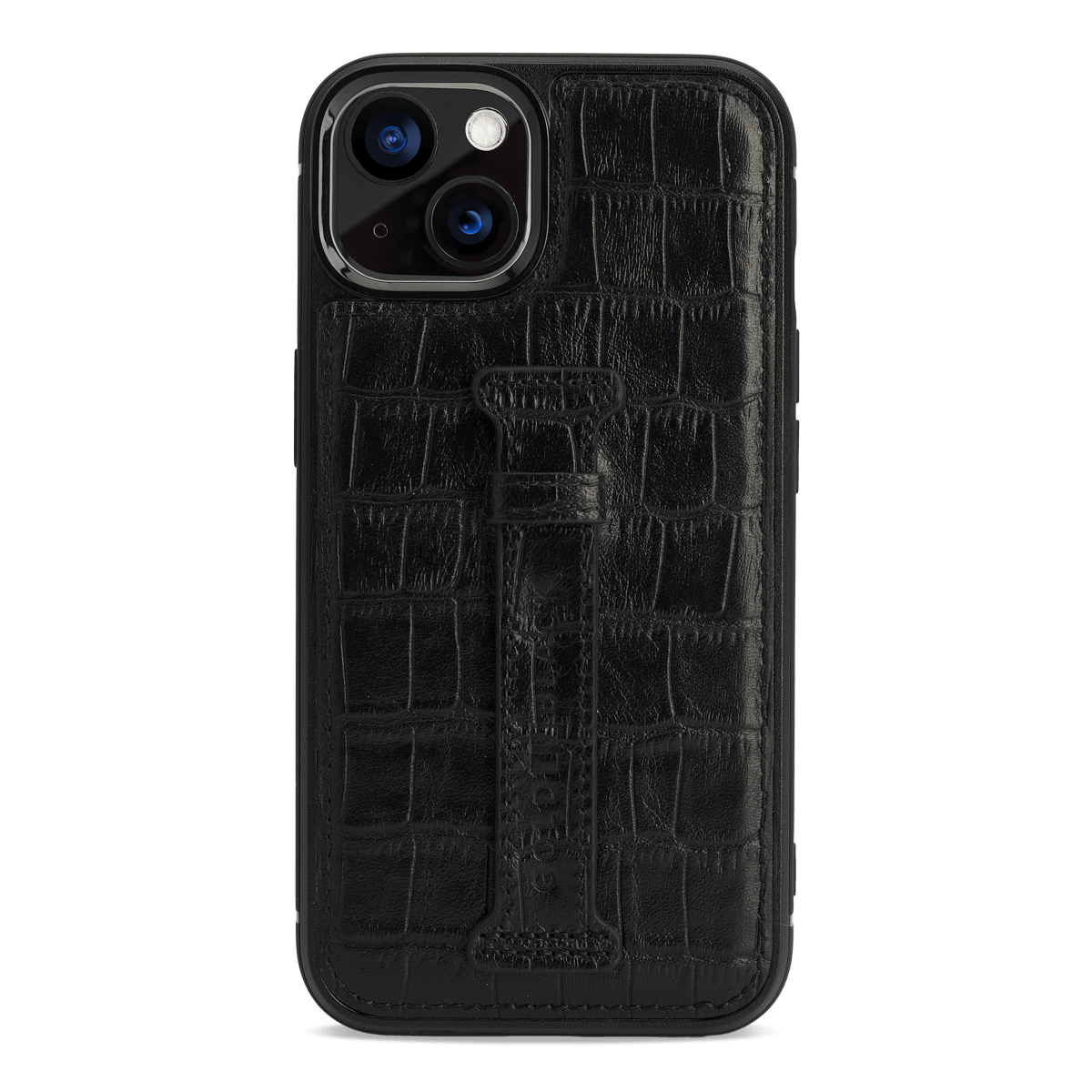 iPhone 13 Leder Case mit Fingerschlaufe Kroko-Prägung schwarz - GOLDBLACKpremium