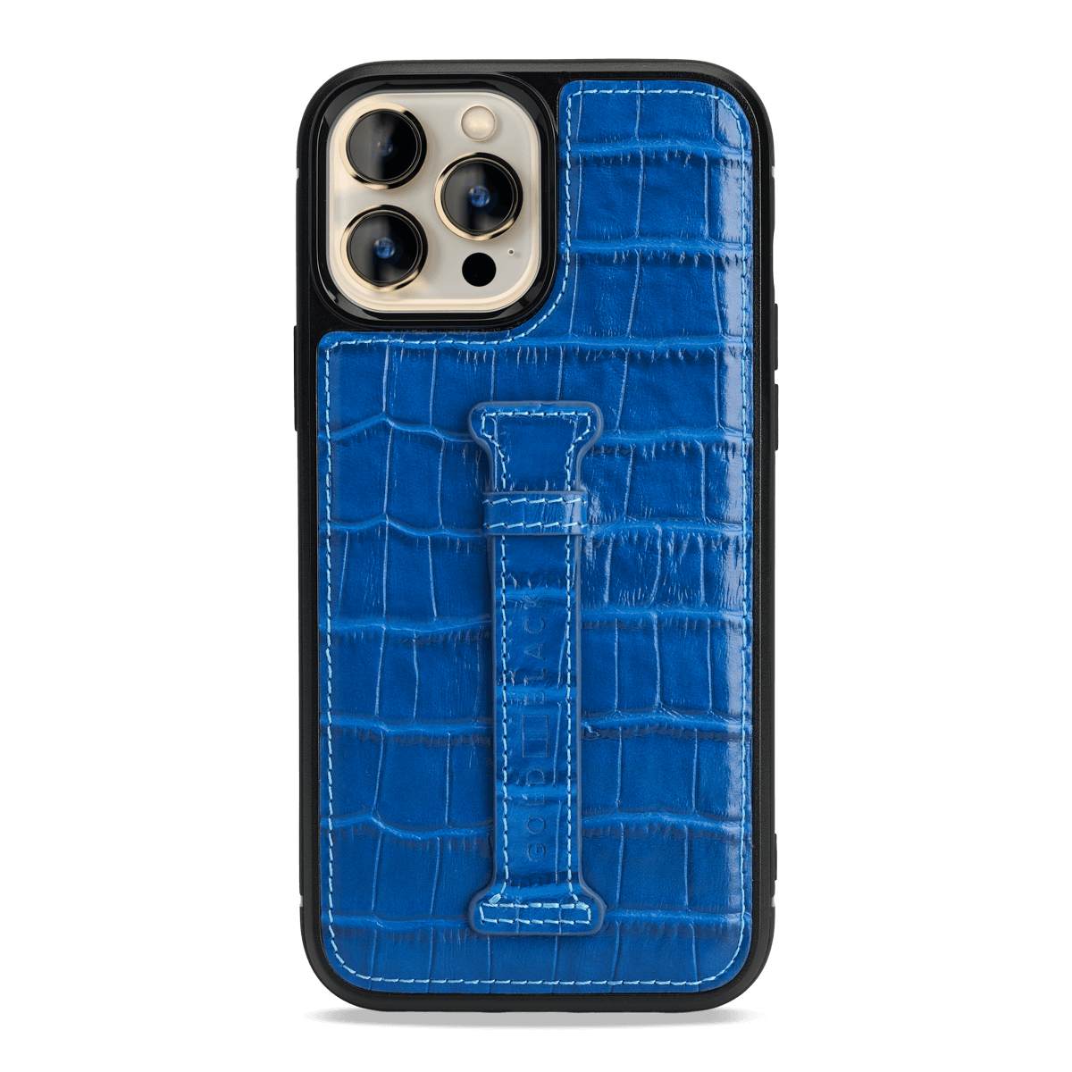 iPhone 13 Pro Max Leder Case mit Fingerschlaufe Kroko-Prägung blau