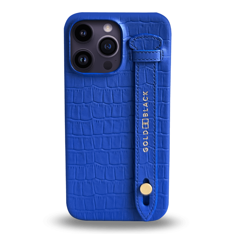 iPhone 14 Pro Max Slim Lederhülle Kroko-Prägung blau mit Fingerschlaufe - GOLDBLACKpremium