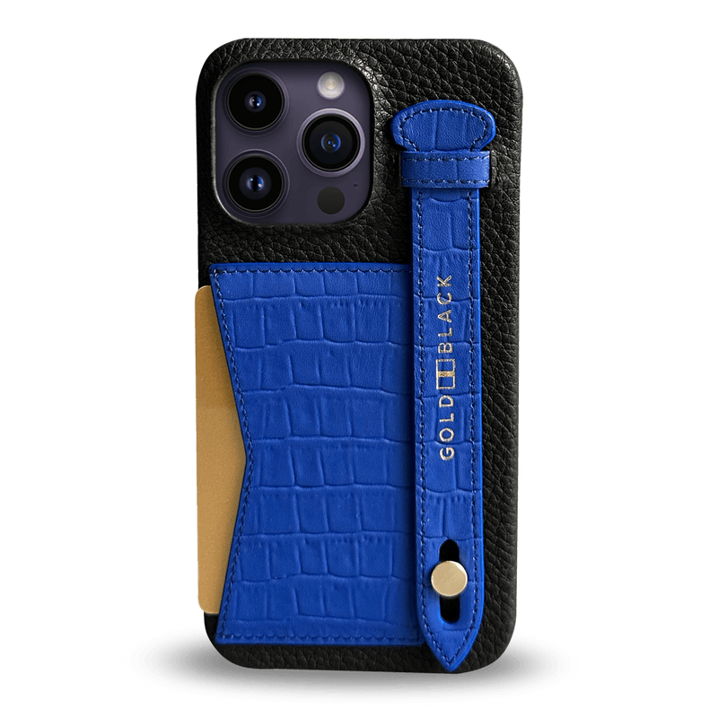 iPhone 14 Pro Max Slim Lederhülle Kroko-Prägung Blau mit Kartenetui und Schlaufe - GOLDBLACKpremium