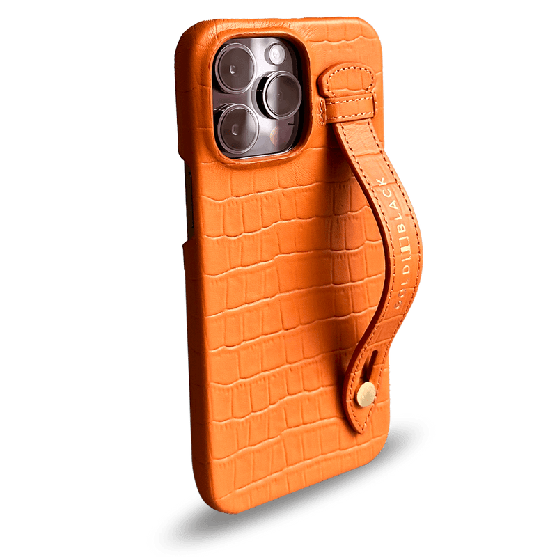 iPhone 14 Pro Max Slim Lederhülle Kroko-Prägung orange mit Fingerschlaufe - GOLDBLACKpremium