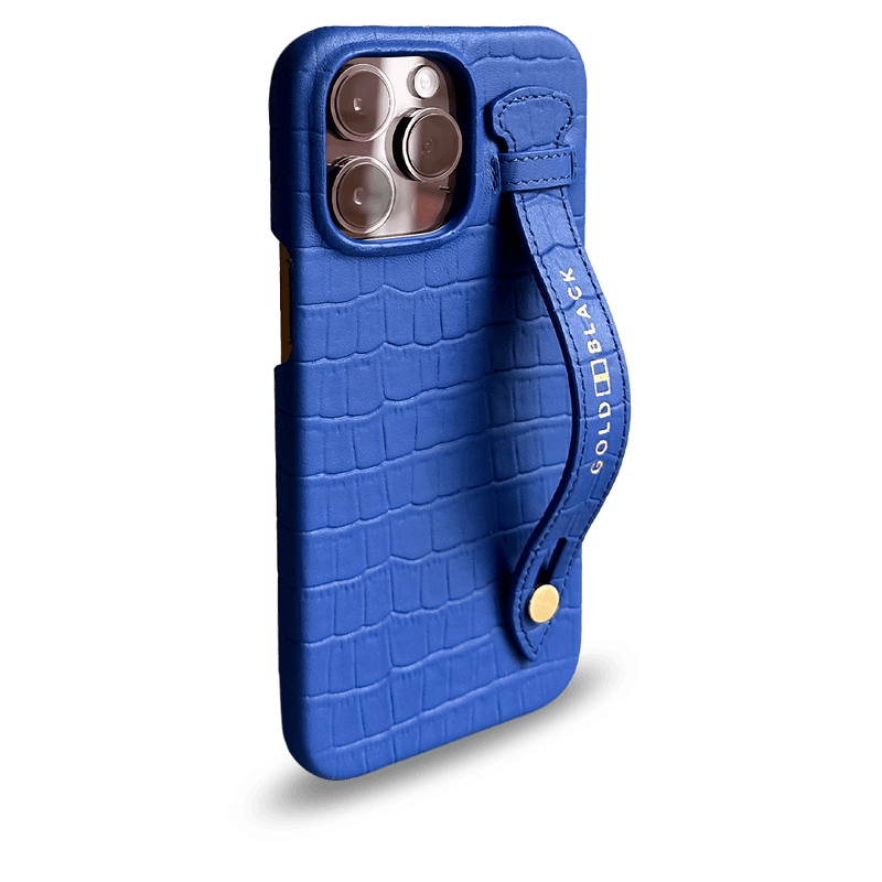 iPhone 14 Pro Max Slim Lederhülle Kroko-Prägung blau mit Fingerschlaufe - GOLDBLACKpremium