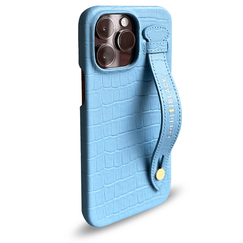 iPhone 14 Pro Max Slim Lederhülle Kroko-Prägung Pastel Blau mit Fingerschlaufe - GOLDBLACKpremium