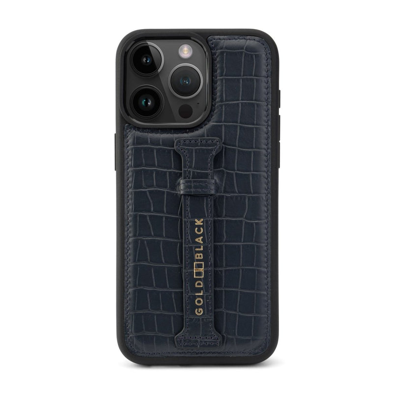 iPhone 15 Pro Max Lederhülle Kroko-Prägung navy blau mit Fingerschlaufe - GOLDBLACKpremium