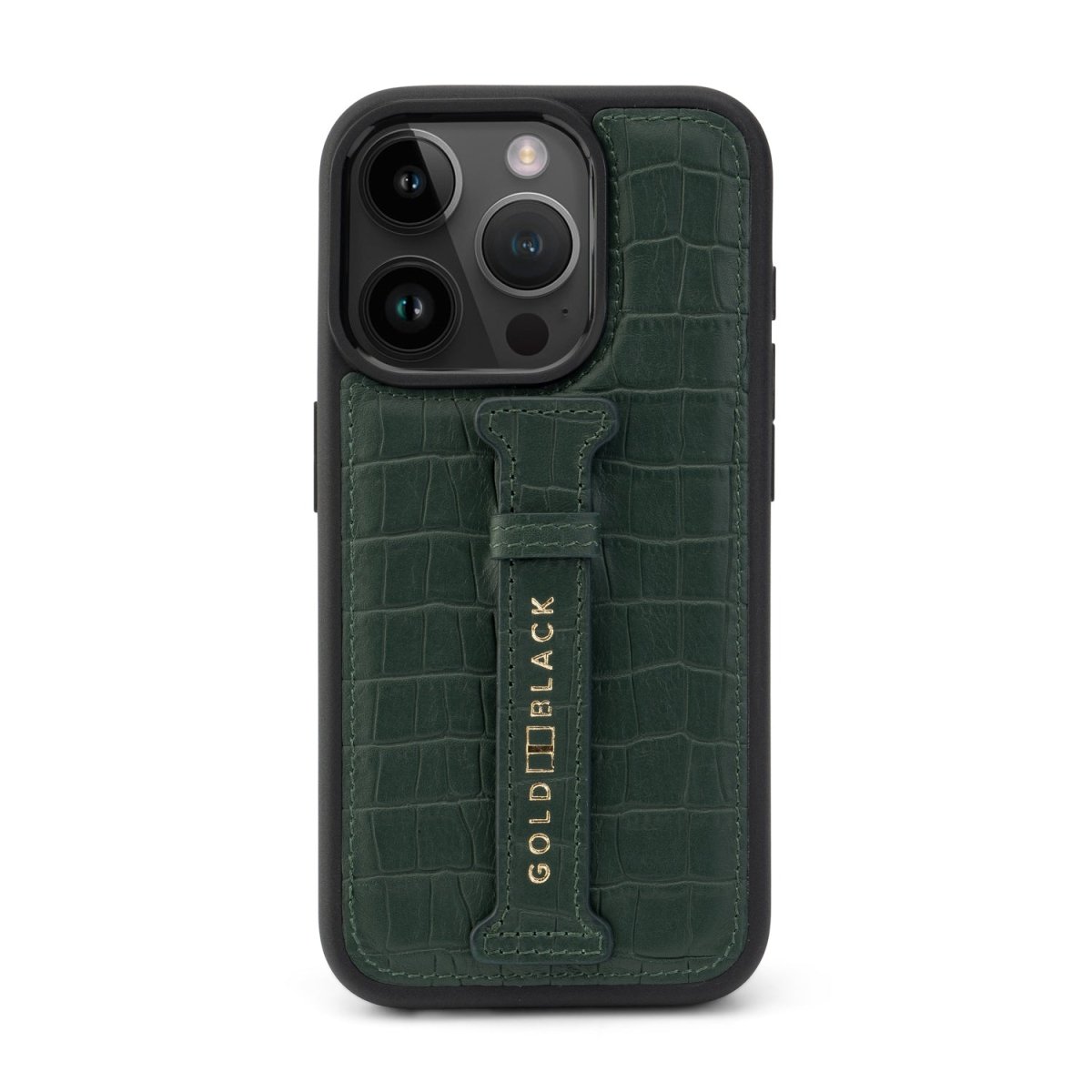 iPhone 15 Pro Lederhülle Kroko-Prägung grün mit Fingerschlaufe - GOLDBLACKpremium