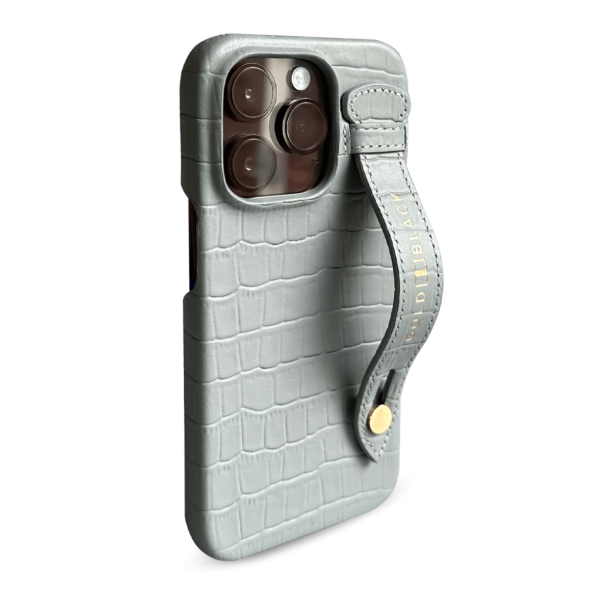 iPhone 14 Pro Slim Lederhülle Kroko-Prägung pastel grün mit Fingerschlaufe - GOLDBLACKpremium
