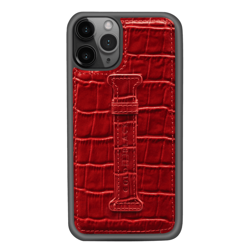 iPhone 11 Pro Lederhülle Mit Fingerschlaufe KROKO-PRÄGUNG Rot - GOLDBLACKpremium