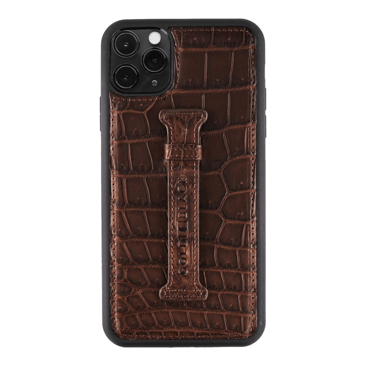 iPhone 11 Pro Lederhülle Mit Fingerschlaufe Krokodilleder Braun - GOLDBLACKpremium