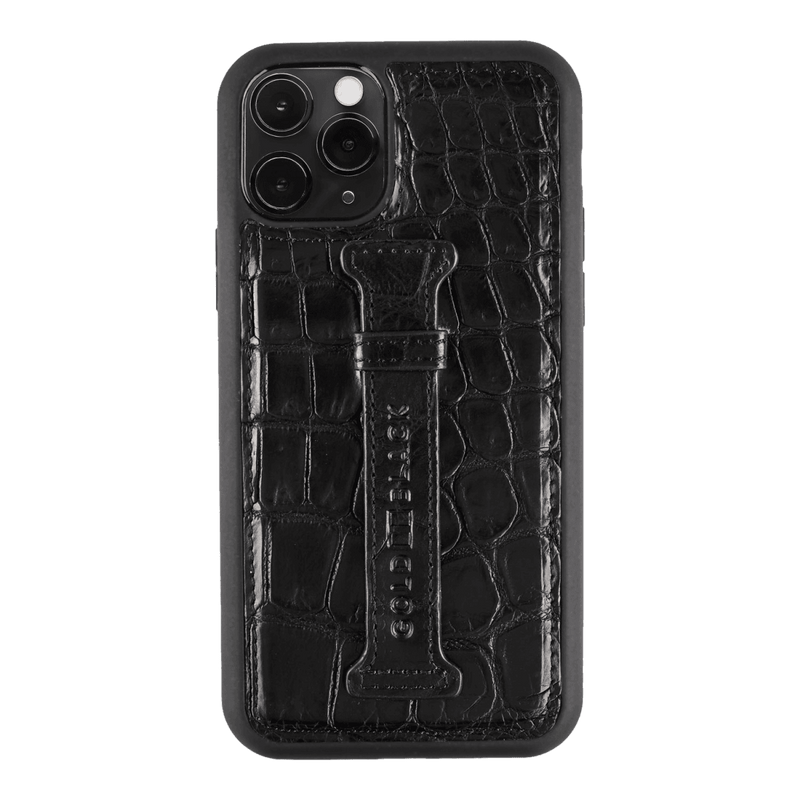 iPhone 11 Pro Lederhülle Mit Fingerschlaufe Krokodilleder Schwarz - GOLDBLACKpremium