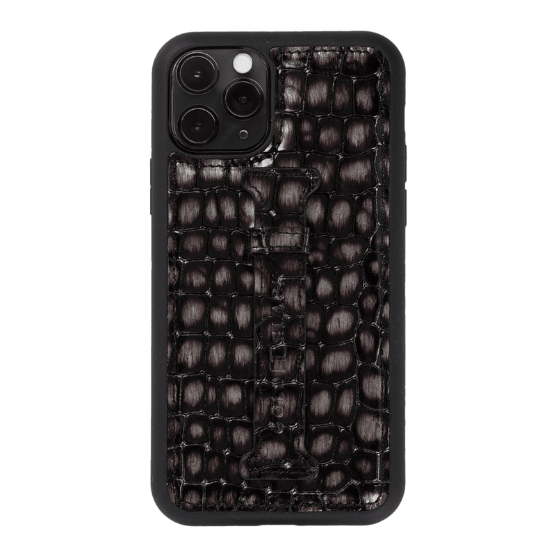 iPHONE 11 PRO LEDERHÜLLE MIT FINGERSCHLAUFE MILANO-Design GRAU - GOLDBLACKpremium