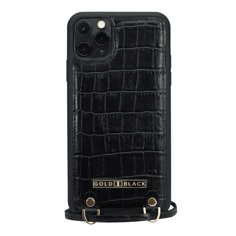 iPhone 11 Pro Max Lederhülle mit Necklace KROKO-PRÄGUNG Schwarz - GOLDBLACKpremium