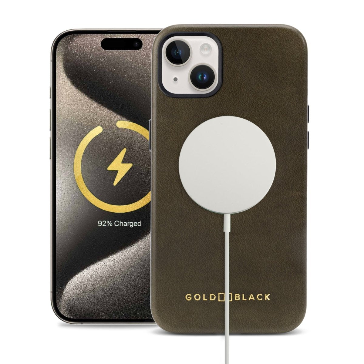 iPhone 15 Plus Lederhülle Luxe grün mit MagSafe - GOLDBLACKpremium