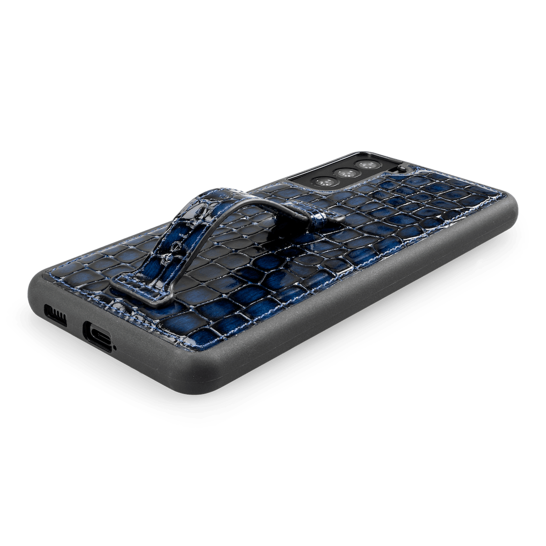 Samsung S21 Plus Lederhülle mit Fingerschlaufe Milano Blau - GOLDBLACKpremium